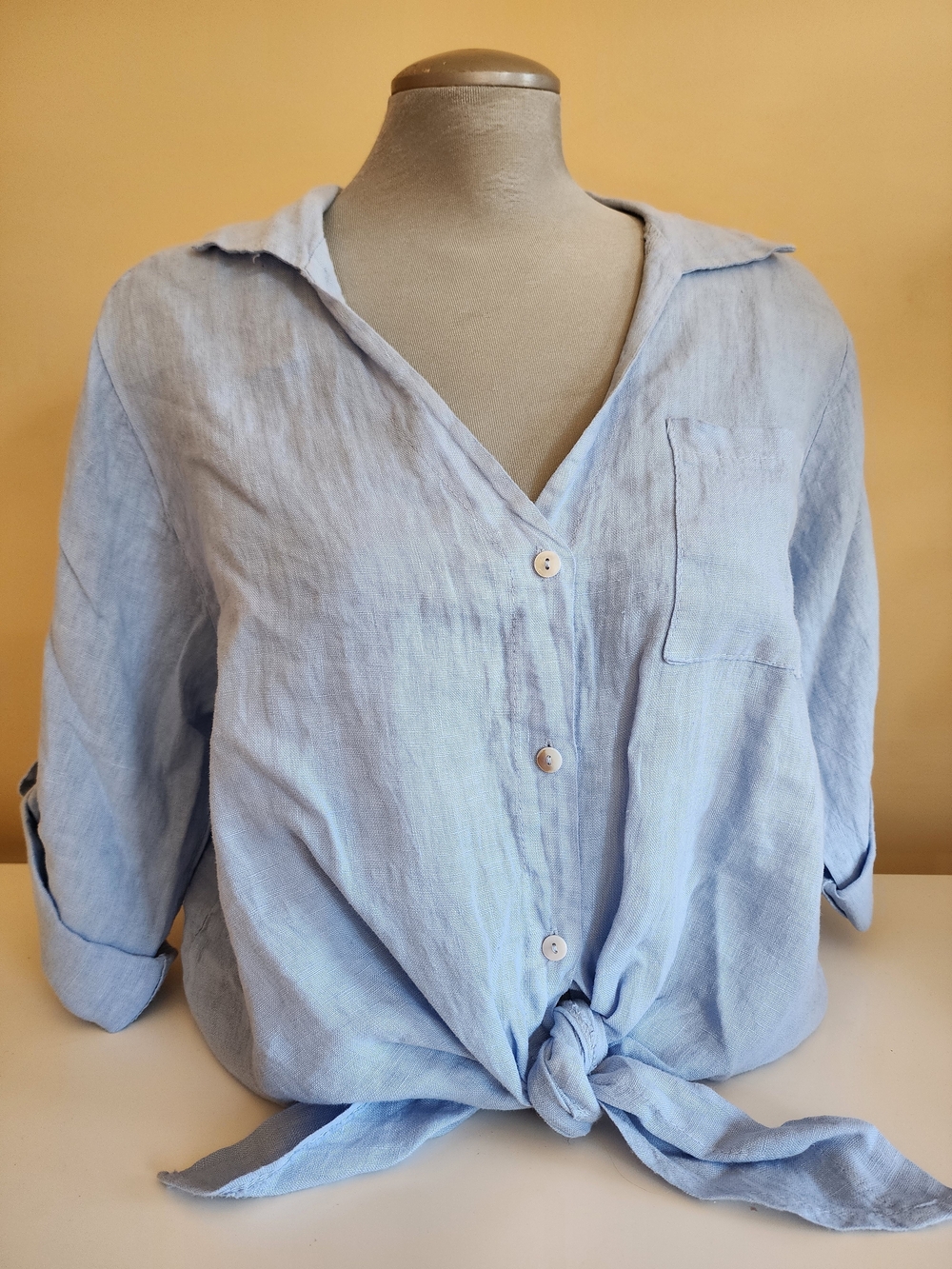 Milio Milano 100% Linen Front Tie Button Shirt Cottagecore, Blue S/M Vacation - Picture 2 of 14